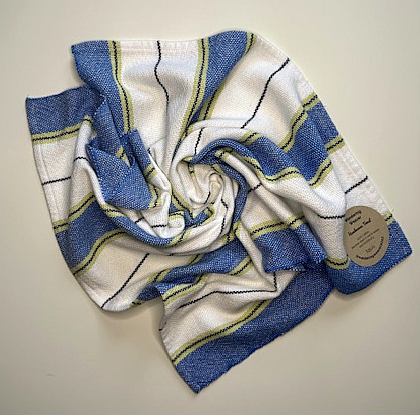 Handwoven Blue, White with a Touch of Green Striped Tea Towel (100% Cotton)