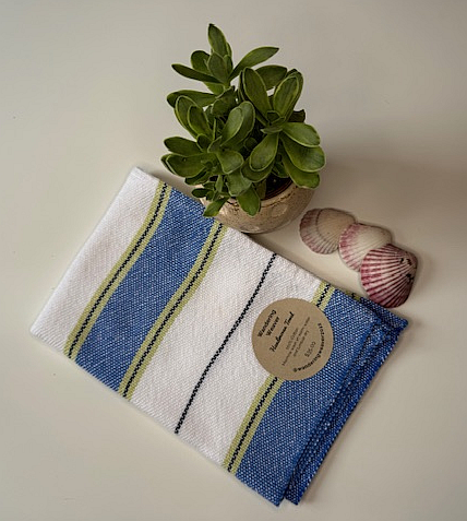 Handwoven Blue, White with a Touch of Green Striped Tea Towel (100% Cotton)