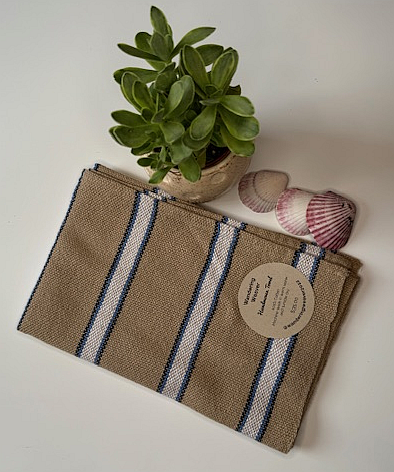 Handwoven Desert Tan, Blues & White Tea Towel (100% Cotton)