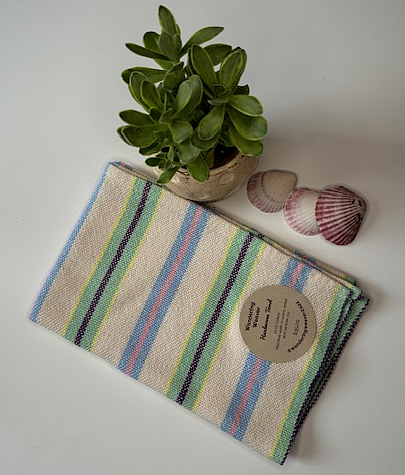 Handwoven Ivory, Green, Yellow, Blue, Pink & Purple Stripped Tea Towel (100% Cotton)