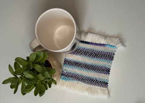 Handwoven Navy, Purple, Light Blue & White Striped Mug Rug (100% Cotton)