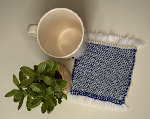 Handwoven Fuzzy Blue & White Mug Rug (70% Wool, 30% Cotton)