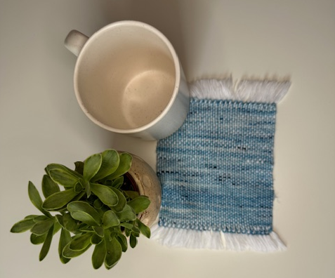 Handwoven Verigated Blues Mug Rug (70% Merino Wool & 30% Cotton)