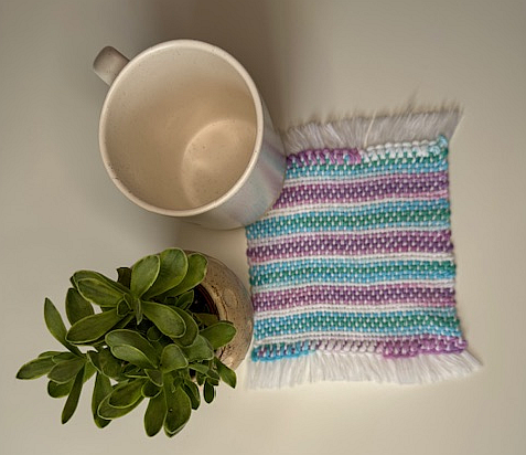 Handwoven White, Pink, Purple, Blue & Green Striped Mug Rug (100% Cotton)