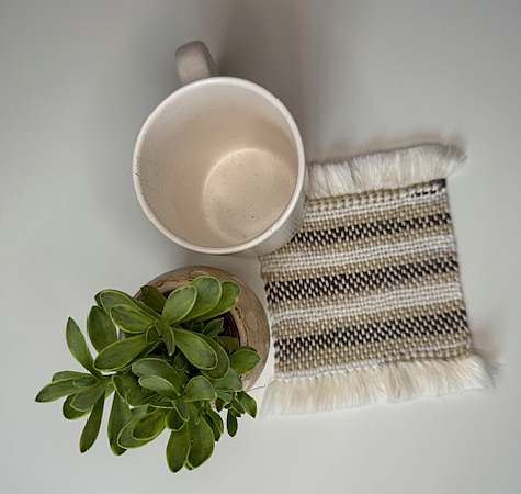 Handwoven White, Tan & Brown Mug Rug (100% Cotton)