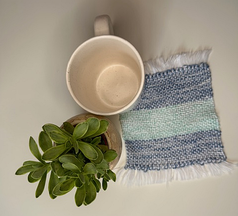 Handwoven Blue & Light Green Striped Mug Rug (100% Cotton)