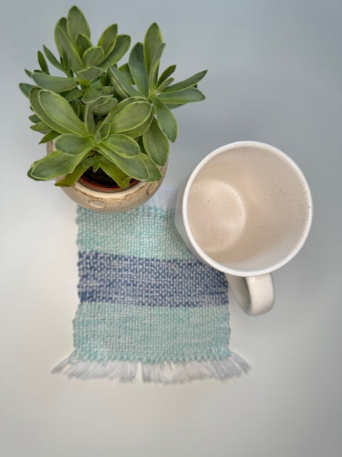 Handwoven Light Green, Blue & White Striped Mug Rug (100% Cotton)