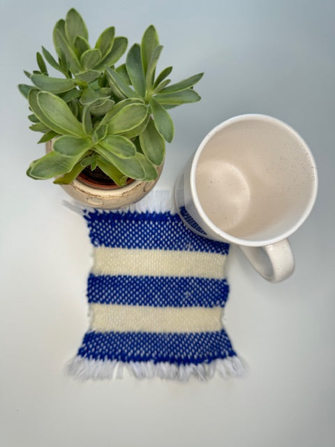 Handwoven Fuzzy Blue & Ivory Mug Rug (70% Wool & 30% Cotton)