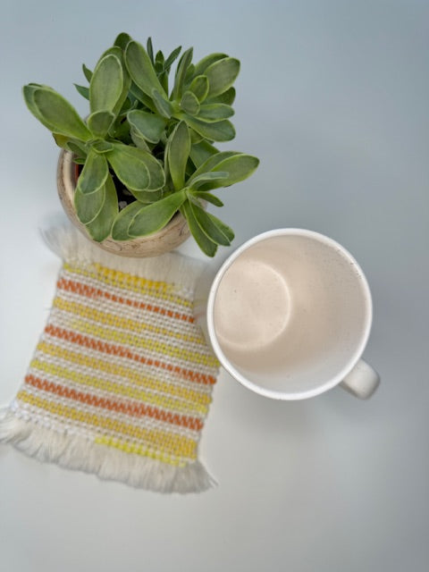 Handwoven White, Yellow & Orange Mug Rug (100% Cotton)