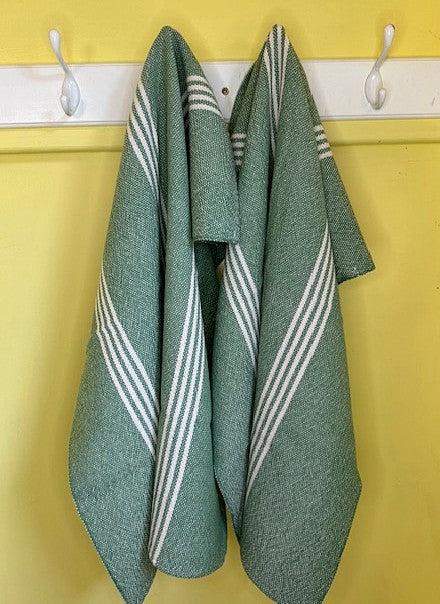 Handwoven "Faded" Green & White Tea Towel (100% Cotton)