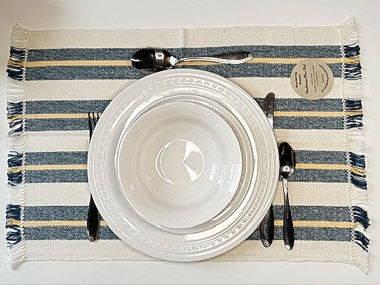 Handwoven Ivory, 'Jeans' Blue & Peach Striped Place Mats (100% Cotton)