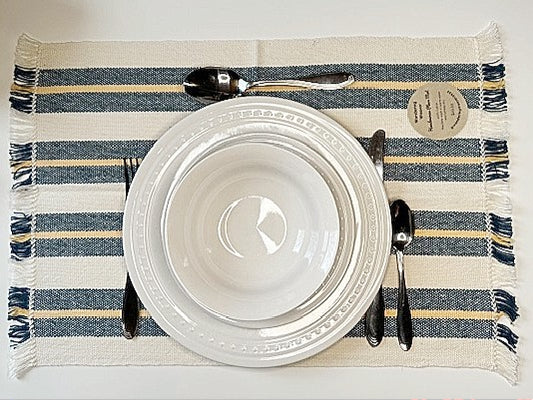 Handwoven Ivory, 'Jeans' Blue & Peach Striped Place Mats (100% Cotton)