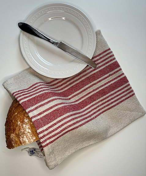 Handwoven Natural & Red Cotolin Bread Bag (60% Cotton, 40% Linen)